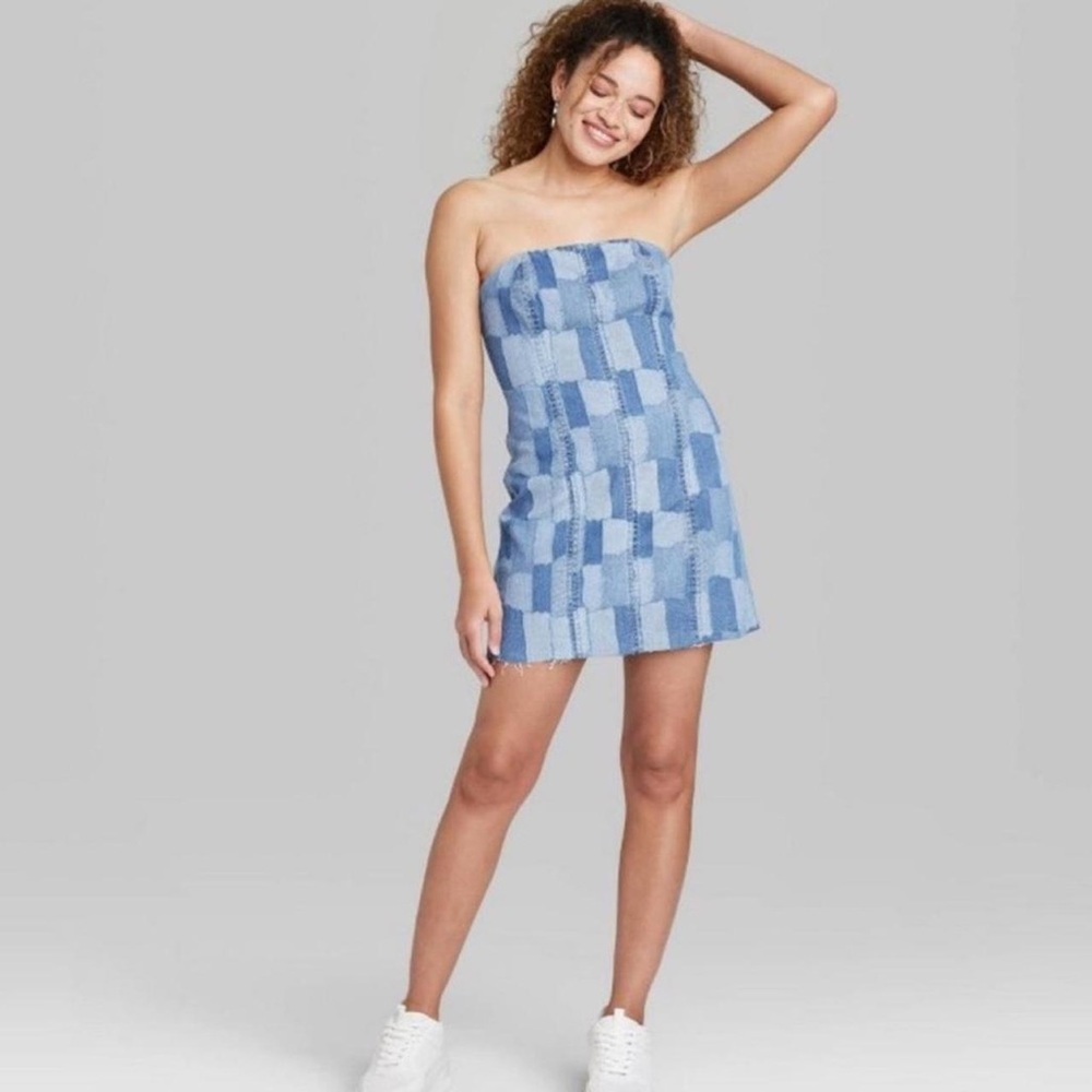Blue Patchwork Strapless Mini Dress NWT - image 1
